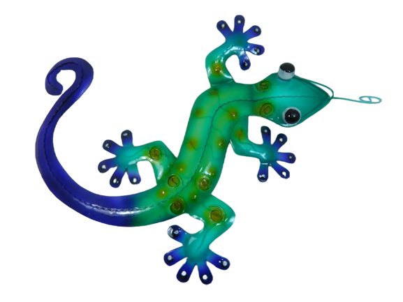 Metal Gecko Garden Ornament Lizard Wall Art Hanging Single - Green With Purple